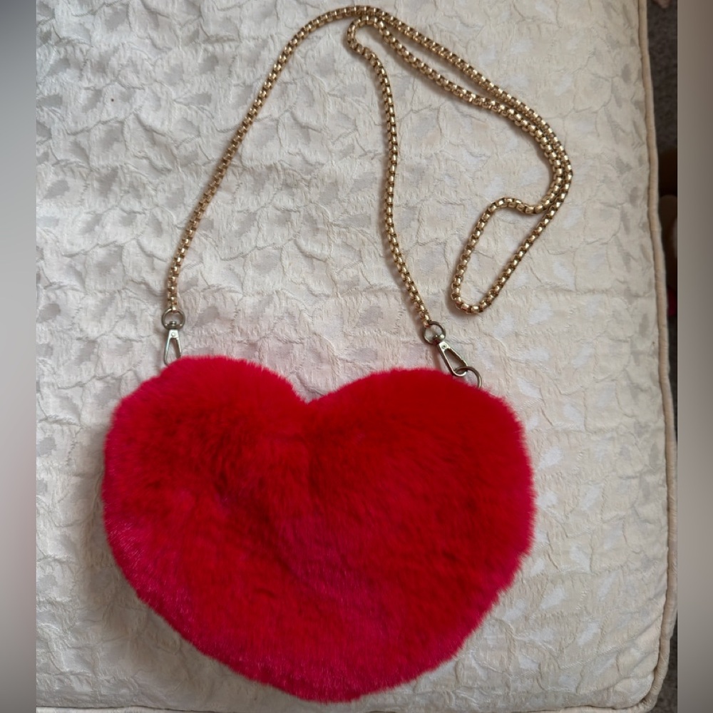 Heart-Shaped Red Fur Bag with Gold Chain